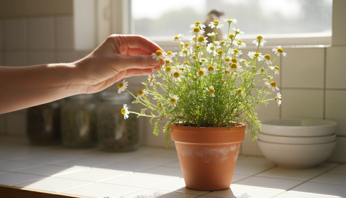 A hand gently plucks a chamomile flower from a lush potted plant on a sunlit windowsill, with a teacup nearby.