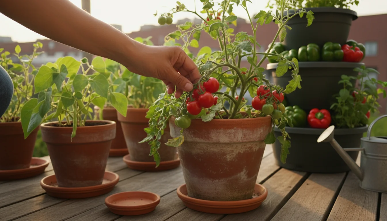 A hand gently plucks a ripe red cherry tomato from a leafy plant in a terracotta pot on an urban patio. Other container plants are visible.