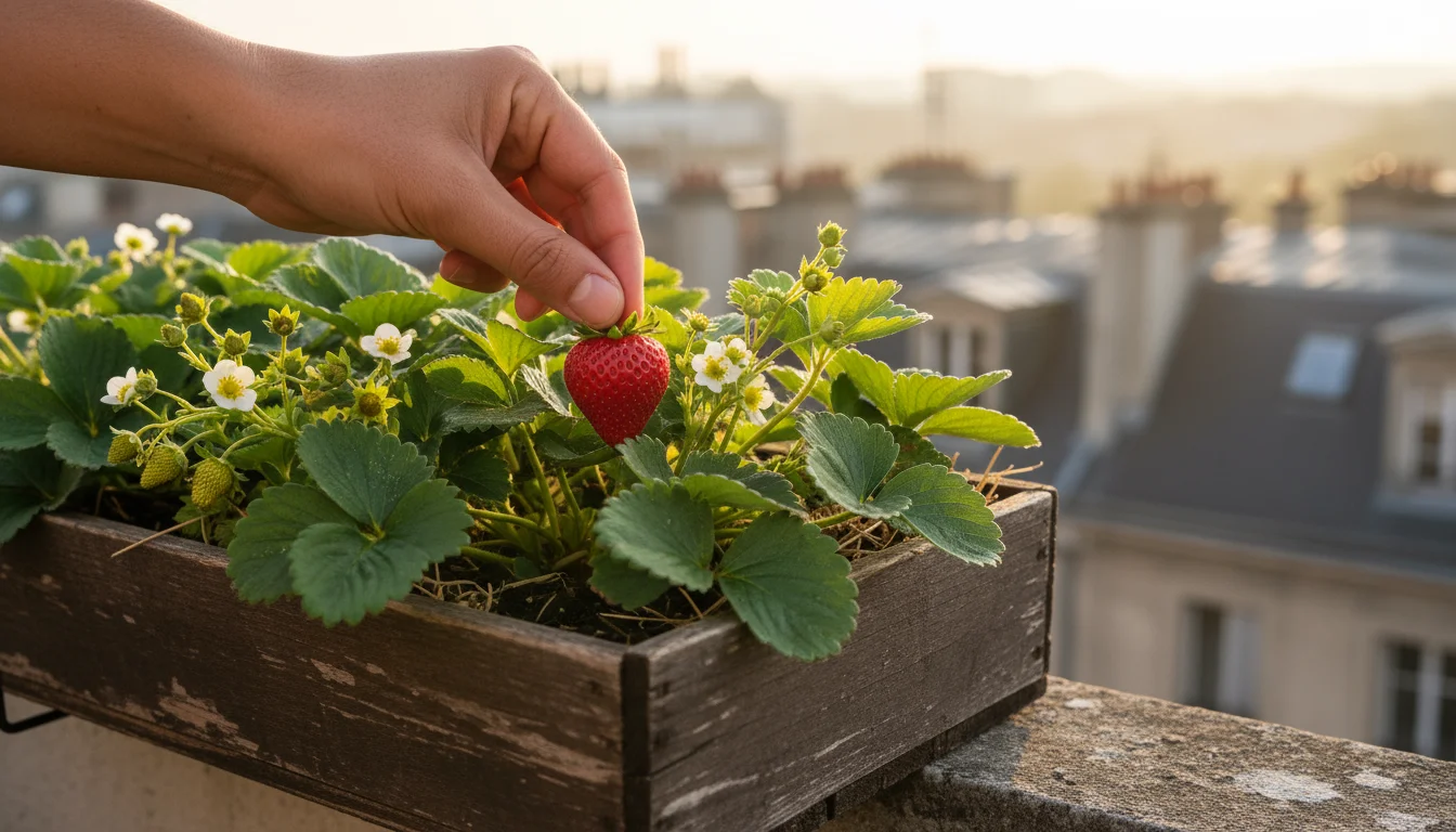 A hand plucks a ripe strawberry from a vibrant window box overflowing with berries and green leaves on an urban balcony.