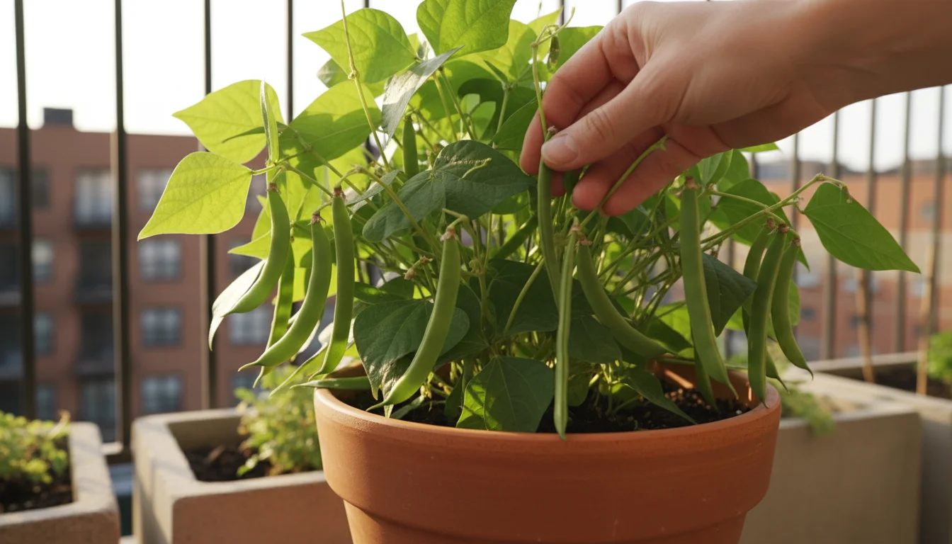 A hand gently plucks a vibrant green bush bean from a compact plant overflowing with pods in a terracotta pot on a sunny patio.