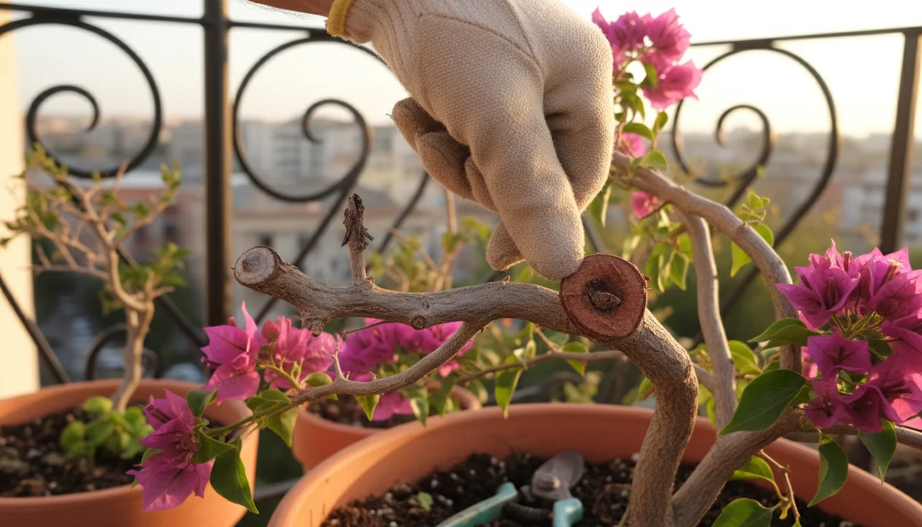 Close-up of a hand pointing to correct, stub, and flush pruning cuts on a potted plant branch on a sunlit patio.