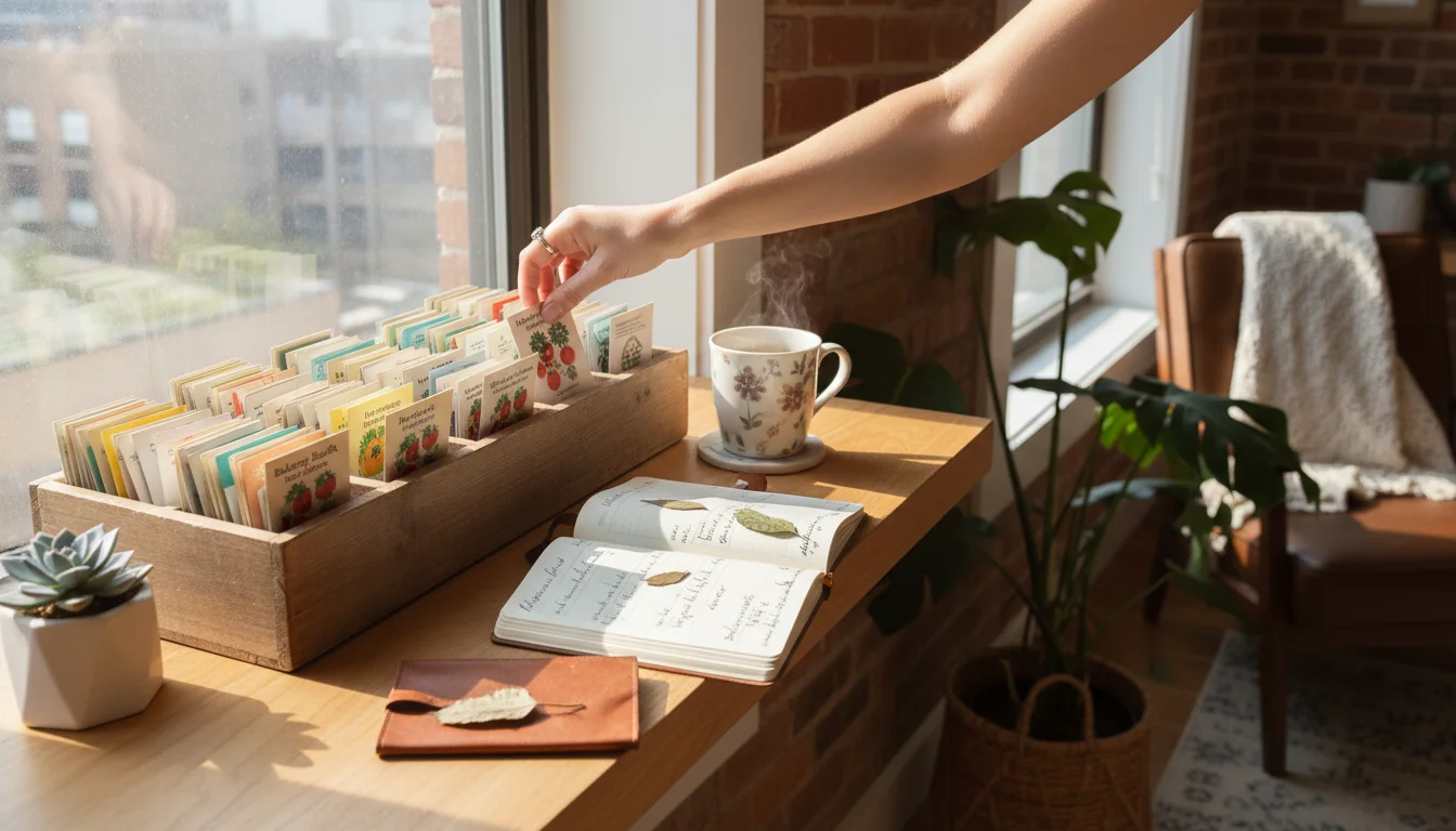 A hand points to a 'Balcony Bush Tomatoes' seed packet in an organized seed box, next to a mug and journal.