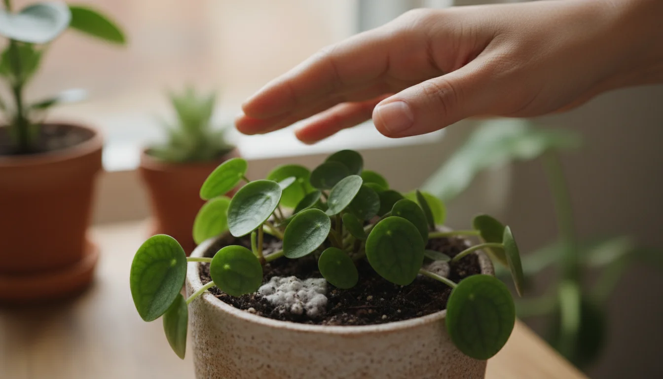 A hand gently points at subtle white mold on the damp soil of a Peperomia houseplant in a small ceramic pot.
