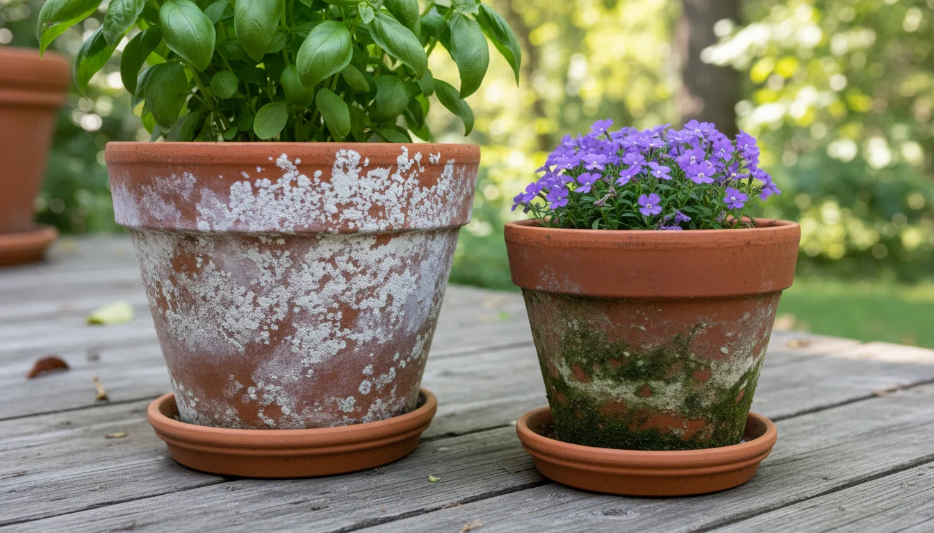 A hand points to a medium terracotta pot with widespread chalky white mineral crust. Nearby, another pot shows concentrated white salt buildup on its