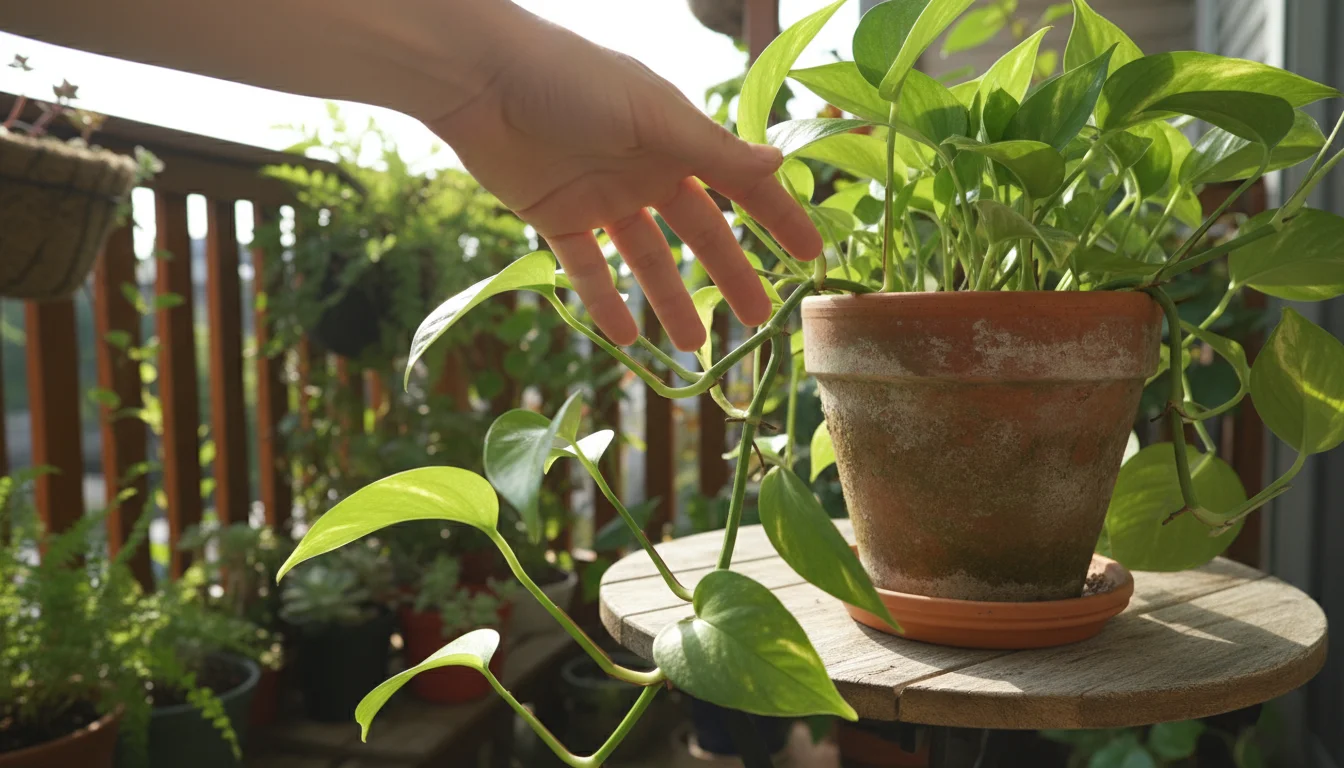 A hand points to a visible node on a lush Pothos plant stem in a terracotta pot.