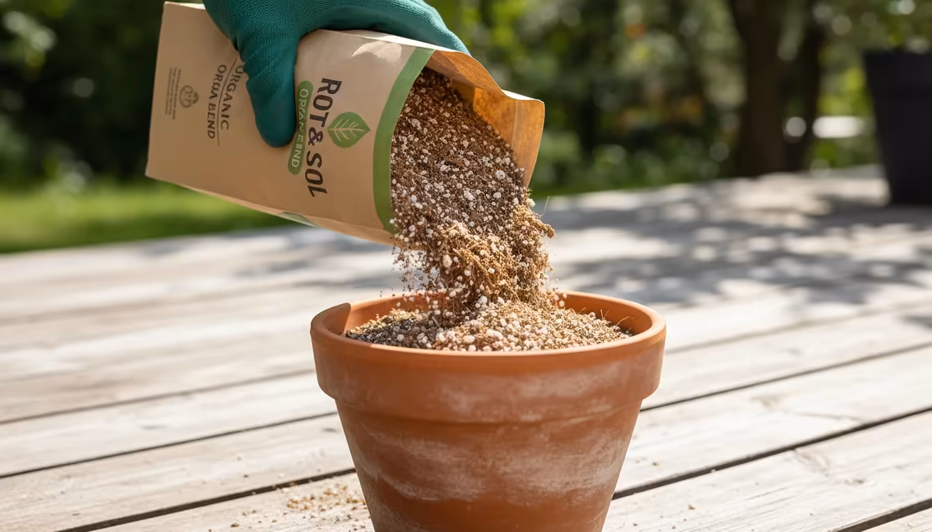 Close-up of a hand pouring fluffy, perlite-rich potting mix from a bag into a terracotta pot on a sunny patio.
