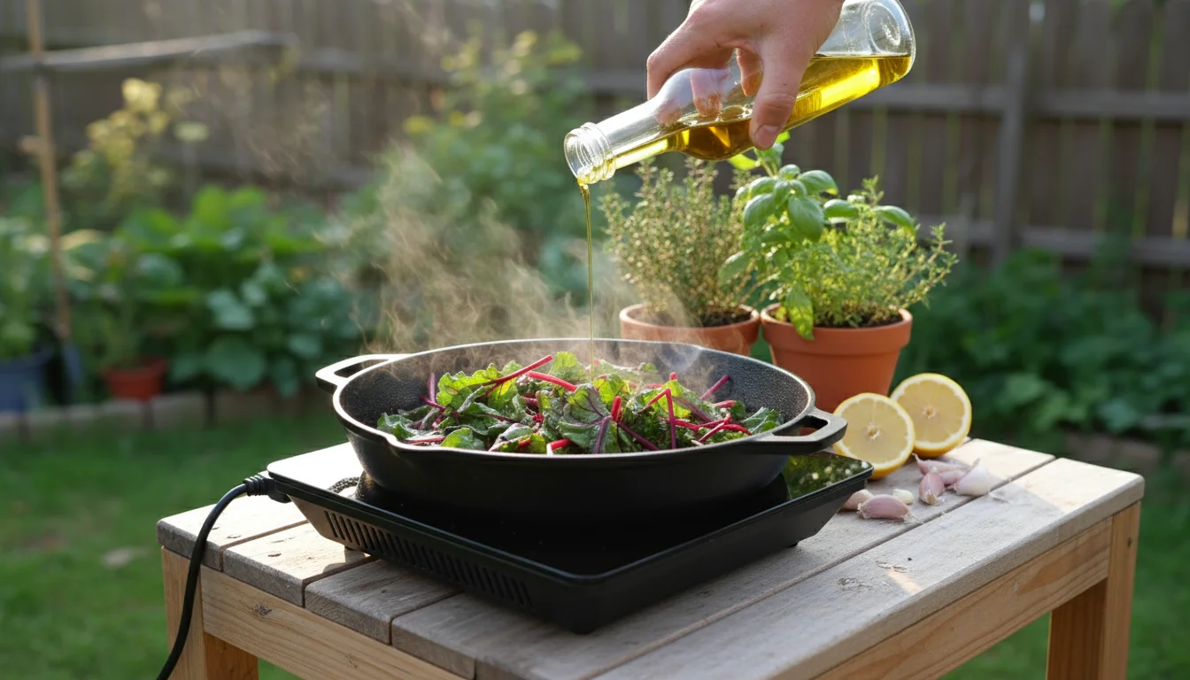 A hand pouring olive oil into a skillet of vibrant, wilting beet greens on a portable burner on an outdoor counter.