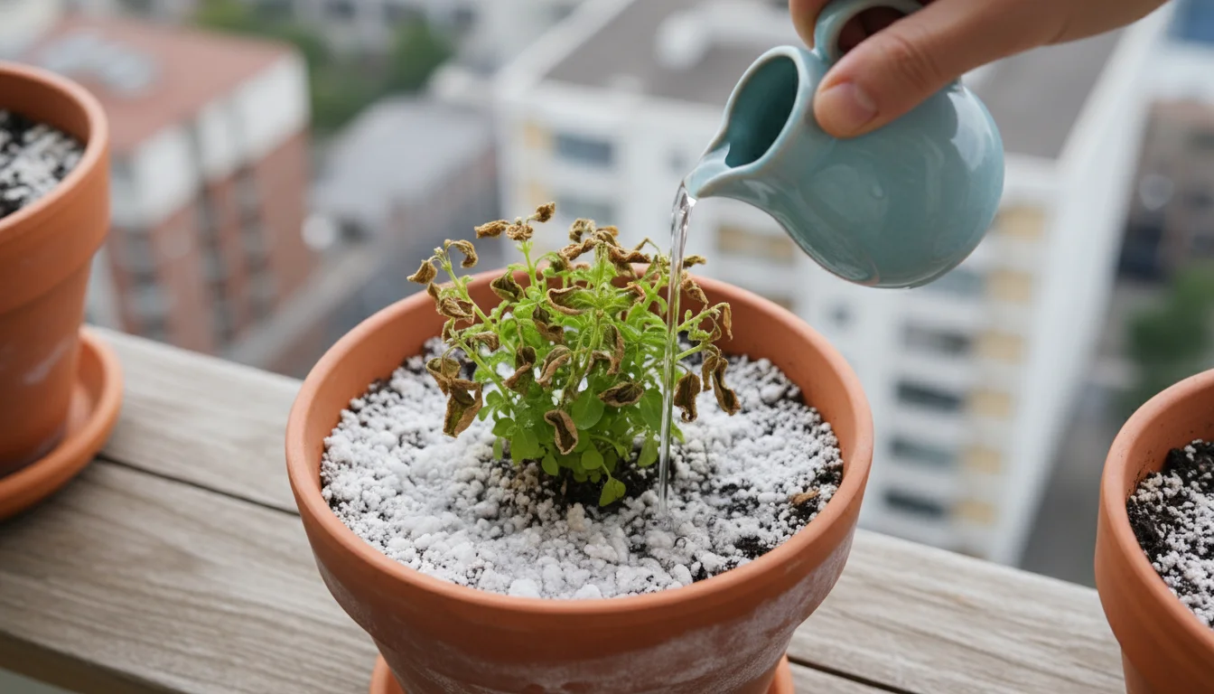 Close-up of a hand pouring water into a terracotta pot with a stressed basil plant showing white soil crust and brown, crispy leaf edges from over-fer