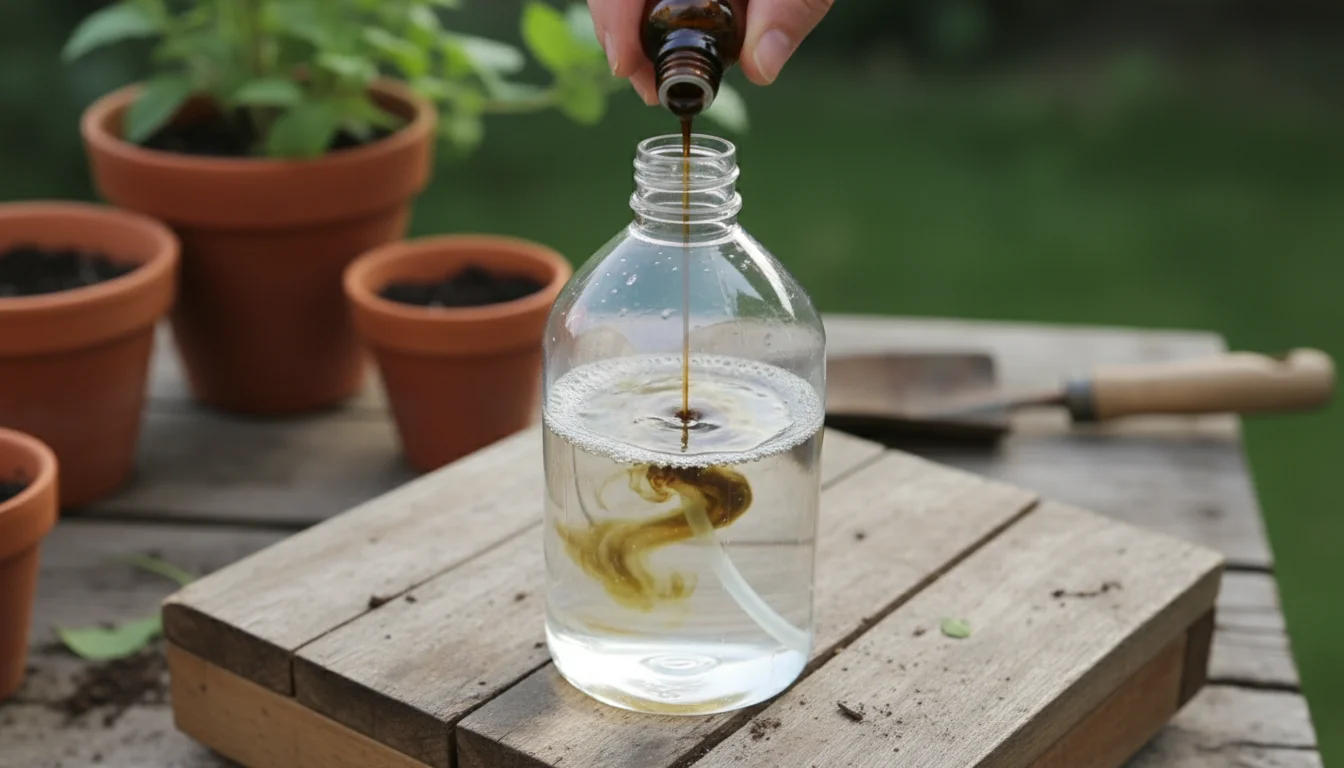 A hand pours dark neem oil from a small bottle into a clear spray bottle filled with soapy water on a wooden potting bench.