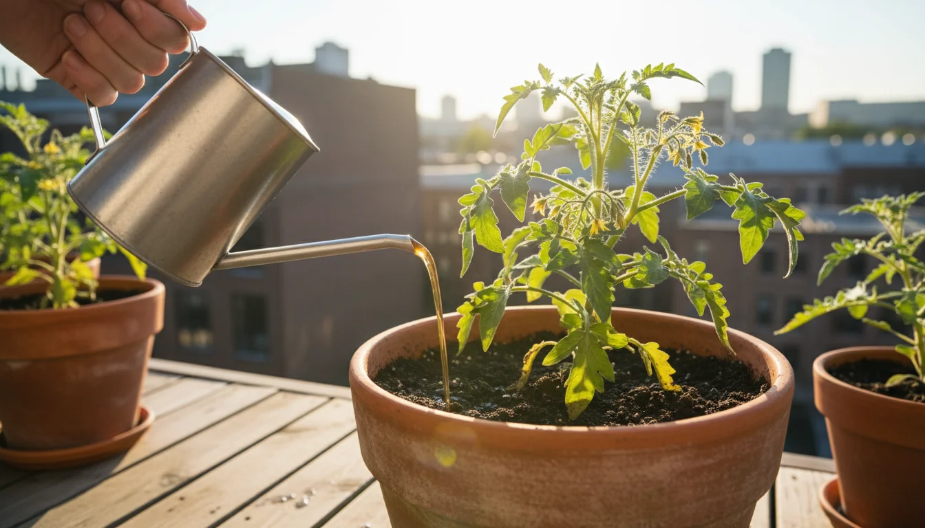 Hand pours diluted amber liquid fertilizer from a small metal can onto a thriving tomato plant in a terracotta pot on a sunny balcony.