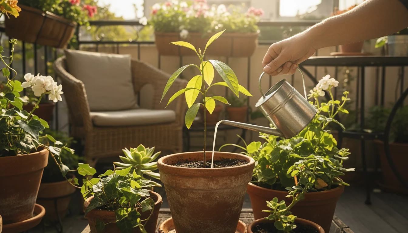 A hand gently pours diluted fertilizer from a small watering can into a terracotta pot with an avocado seedling on a sunny balcony.