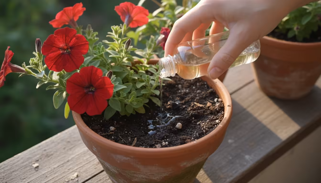 Hand gently pours diluted liquid fertilizer onto the dark, moist soil of a red petunia in a terracotta pot on a balcony.