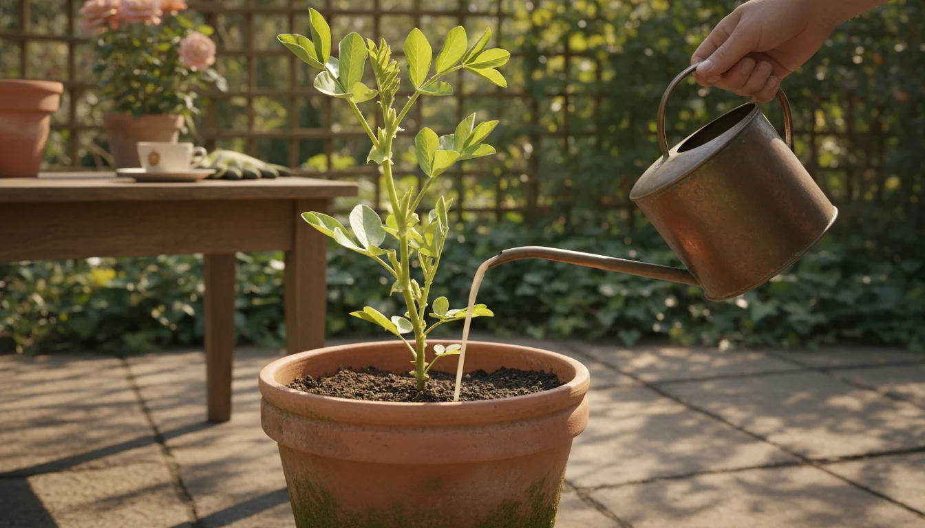 A hand pours liquid fertilizer from a metal watering can into a terracotta pot with a fava bean plant showing new spring growth.