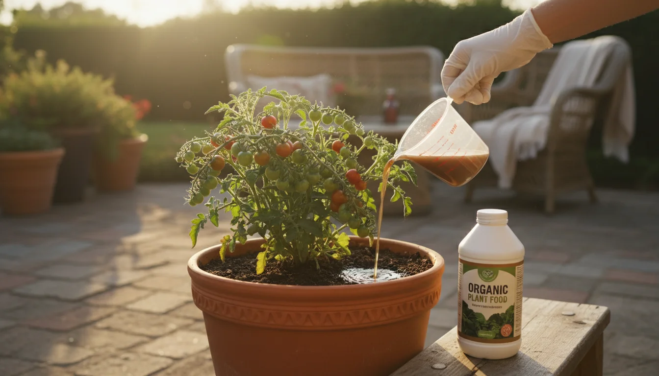 A hand pours liquid fertilizer into a terracotta pot holding a compact micro-tomato plant with tiny green and red fruits on a sunny patio.
