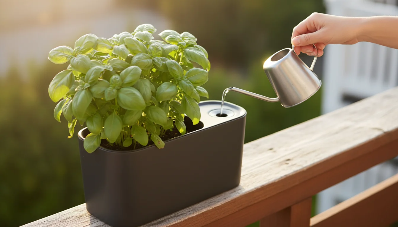 A hand pours water into a charcoal self-watering pot with a lush basil plant, on a wooden balcony railing.
