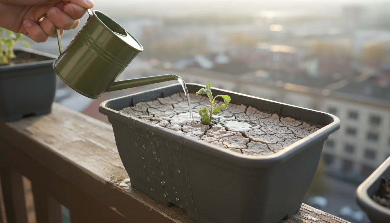 A hand pours water from a green watering can onto dry, compacted soil in a grey pot on a balcony railing. Water visibly runs off, bypassing a struggli