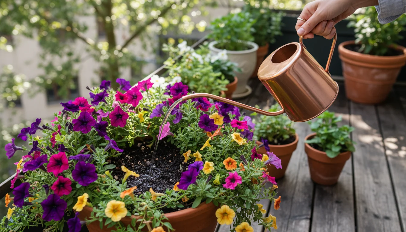 Overhead shot of a hand precisely watering petunias in a terracotta pot with a slender copper watering can on a balcony.