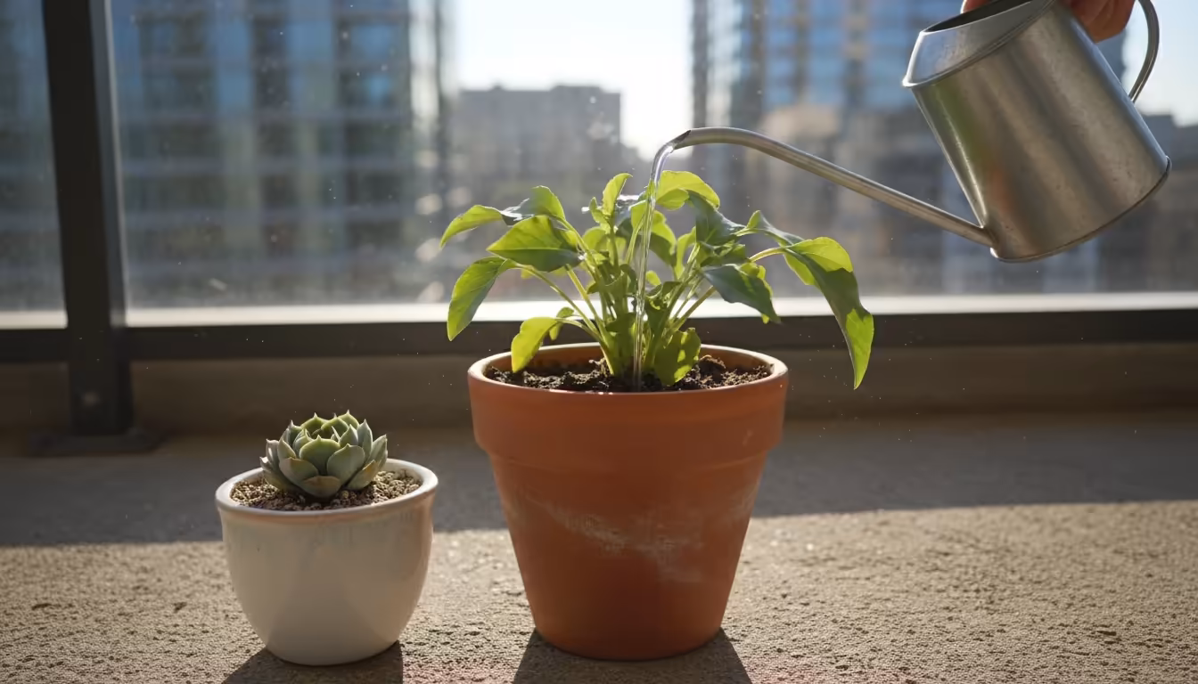 A hand precisely waters the soil of a leafy plant on a sunny balcony; a dry succulent sits nearby, showing varied hydration needs.