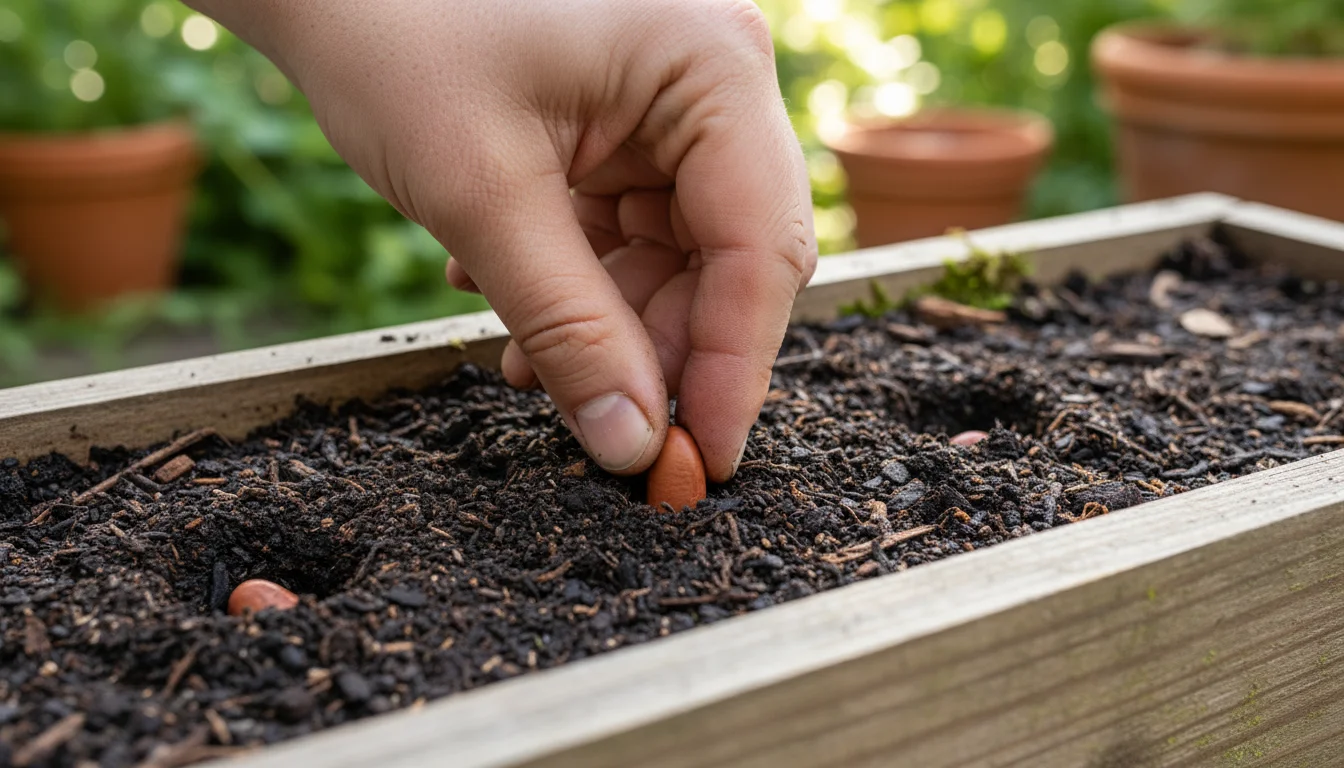 A hand presses a bean seed one inch deep into moist soil within a balcony trough planter, with other planting spots visible.