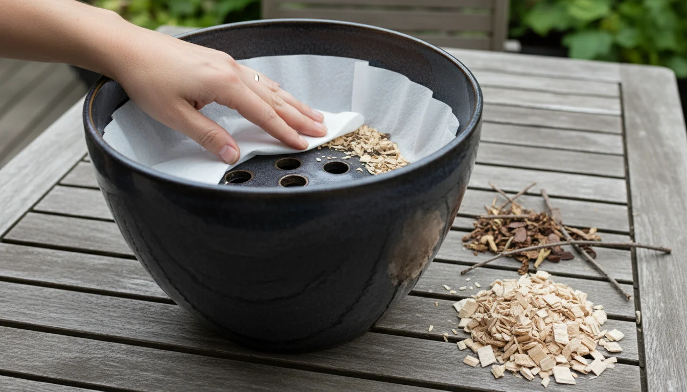 A hand presses coffee filters into a deep charcoal ceramic pot, with wood chips and twigs for the first drainage layer.