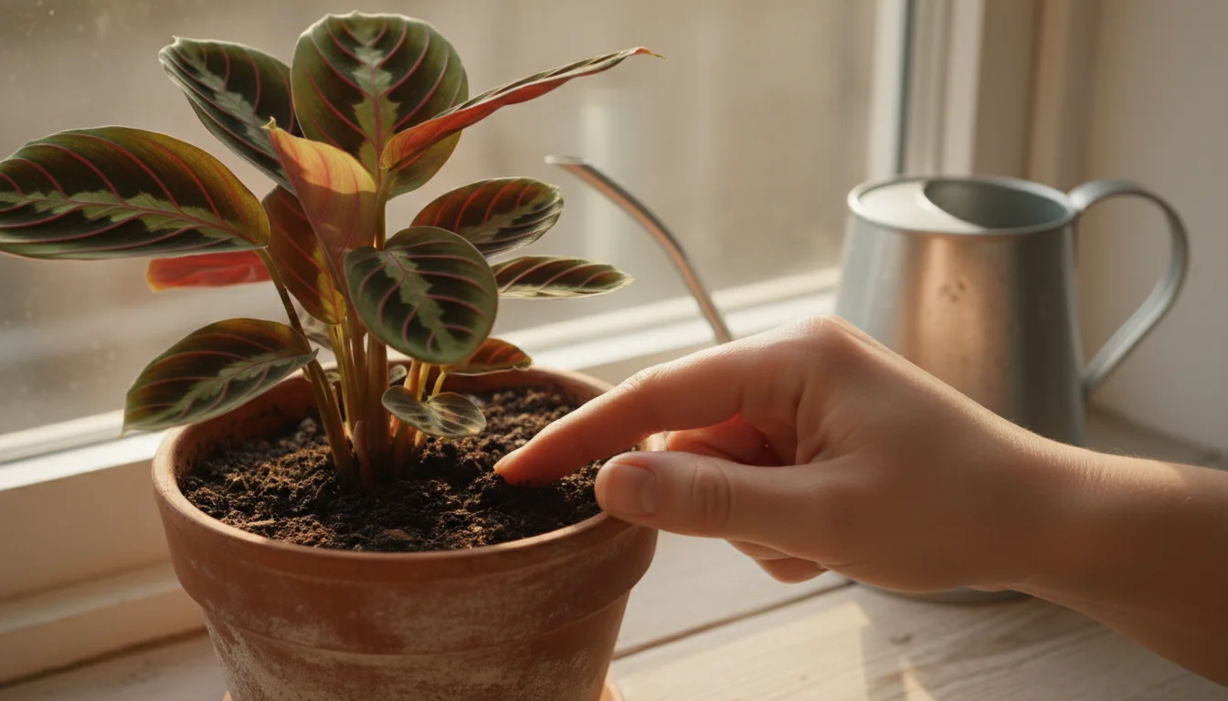A hand gently presses a finger into the soil of a prayer plant in a terracotta pot on a windowsill, with a watering can nearby.