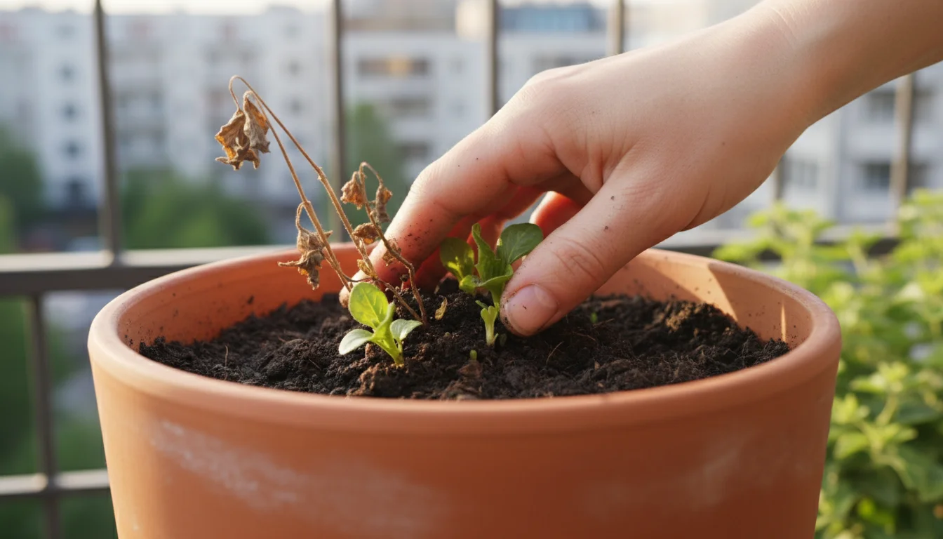 Close-up: A hand gently presses soil around a perennial's base in a terracotta pot on an urban balcony, contrasting dead brown foliage with vibrant ne