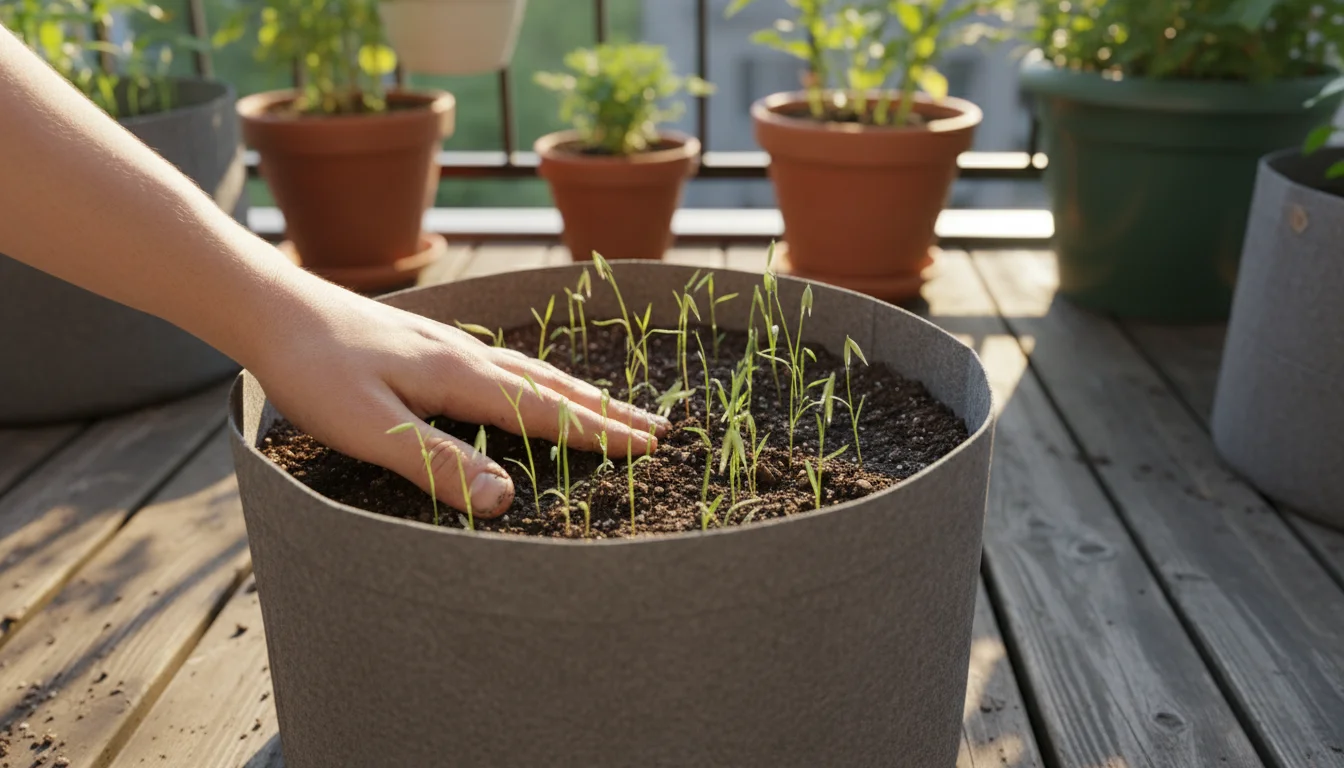 Hand gently presses soil around sparse green cover crop seedlings in a grey fabric grow bag on a sunny urban balcony.