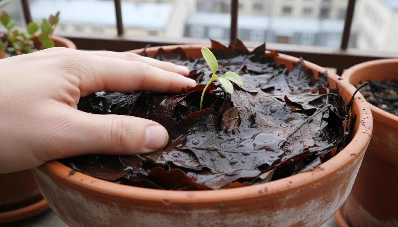 A hand presses into a thick, wet layer of matted fall leaves on soil in a terracotta pot with a struggling plant on an urban balcony.