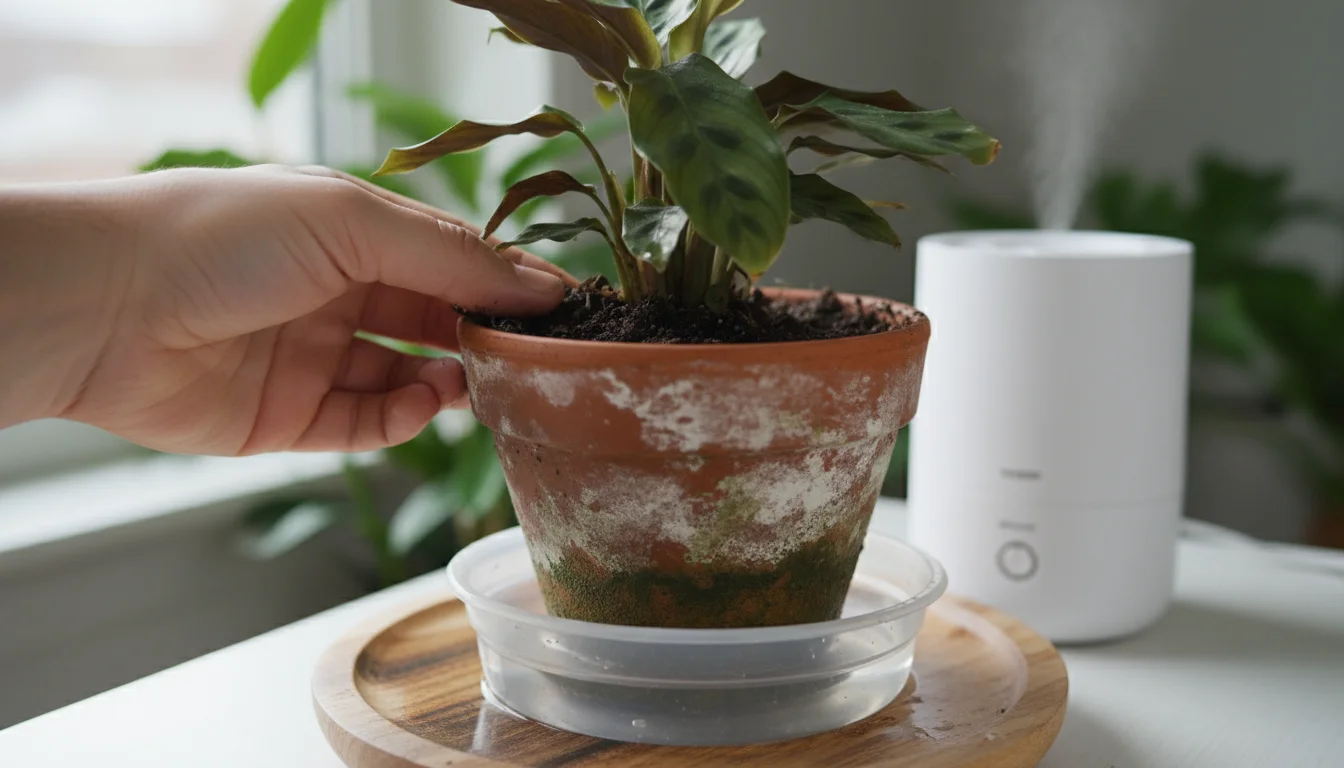 A hand presses into the wet soil of a drooping Calathea in a terracotta pot, with standing water in the saucer.