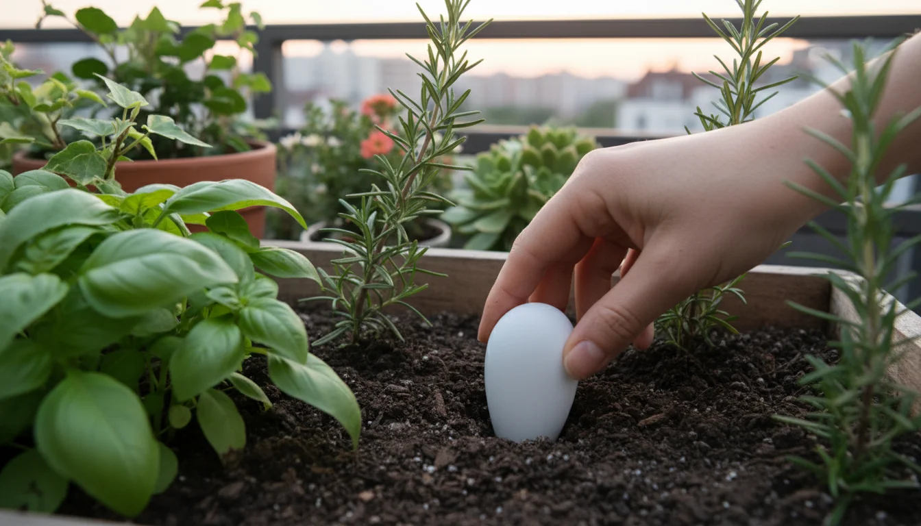A hand gently presses a white soil moisture sensor into the potting mix of a vibrant basil plant in a balcony herb planter.