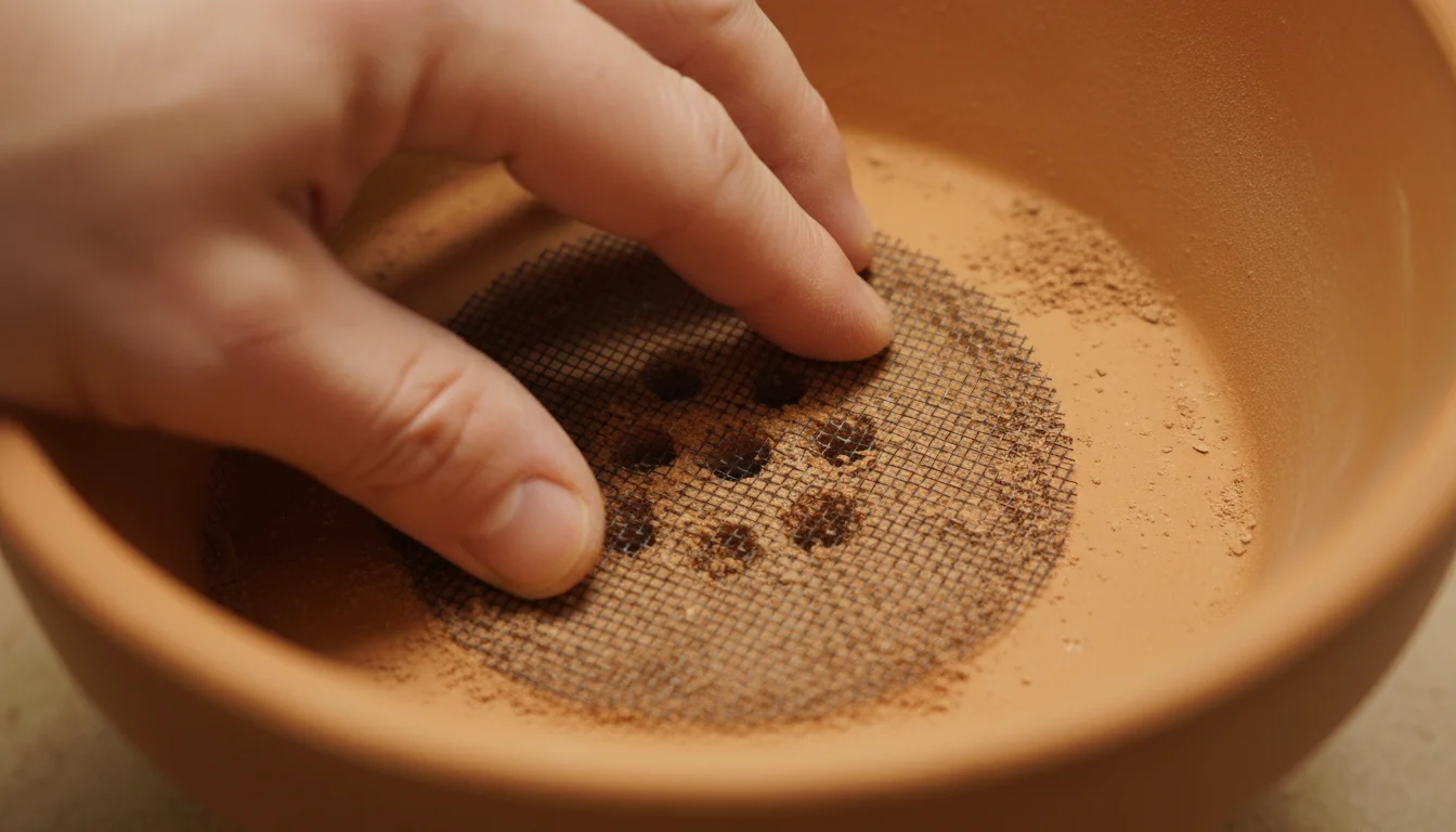 Close-up of a hand pressing fine mesh screen over multiple small drainage holes in the bottom of a terracotta pot.