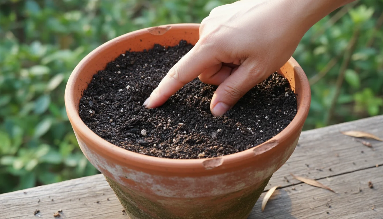 Close-up of a hand gently pressing fingers into dark, damp soil in a terracotta pot on a balcony, signaling early spring planting readiness.