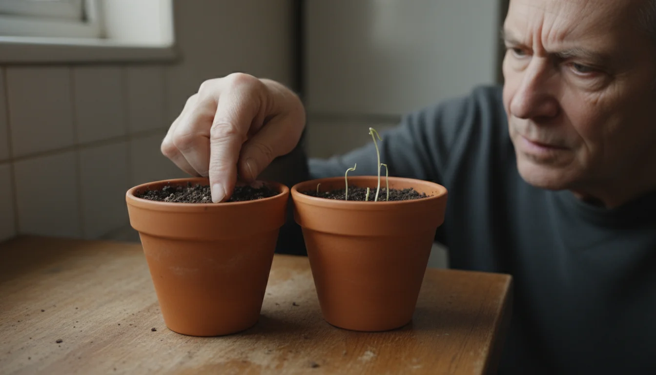 A hand probes bare soil in a terracotta pot next to another pot with tiny, pale shoots.