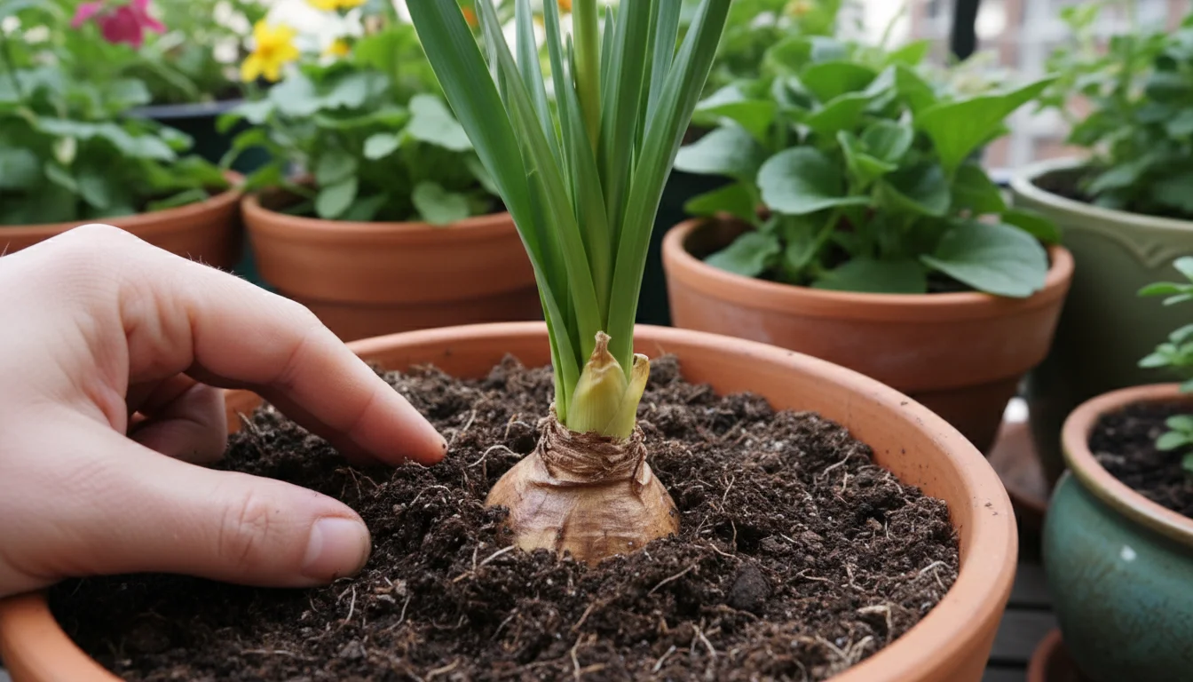 A hand gently probes damp soil in a terracotta pot with a struggling bulb plant on an urban balcony.