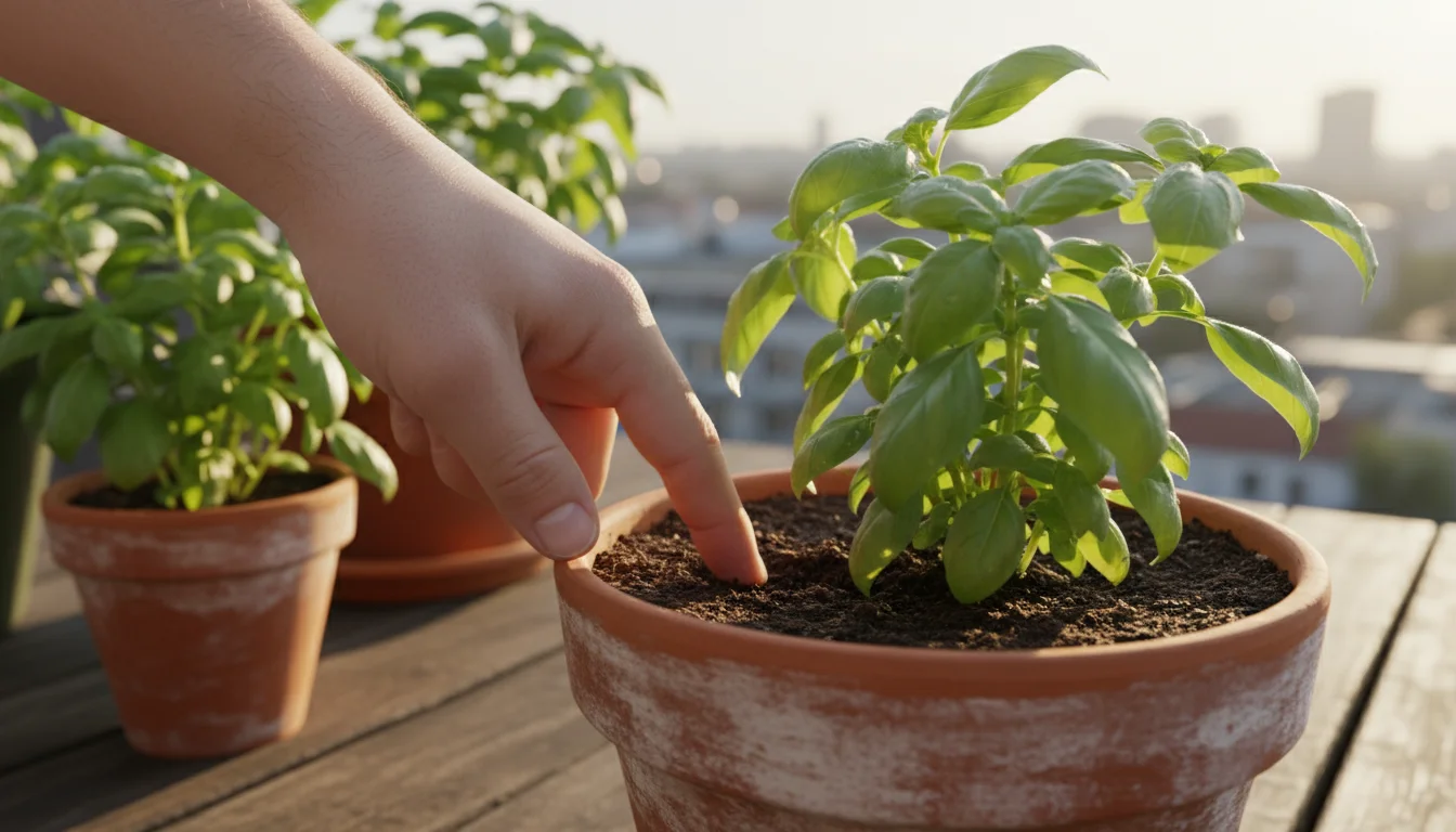 A hand gently probes the slightly moist soil in a thriving basil plant's terracotta pot on a sunny urban balcony, checking moisture.