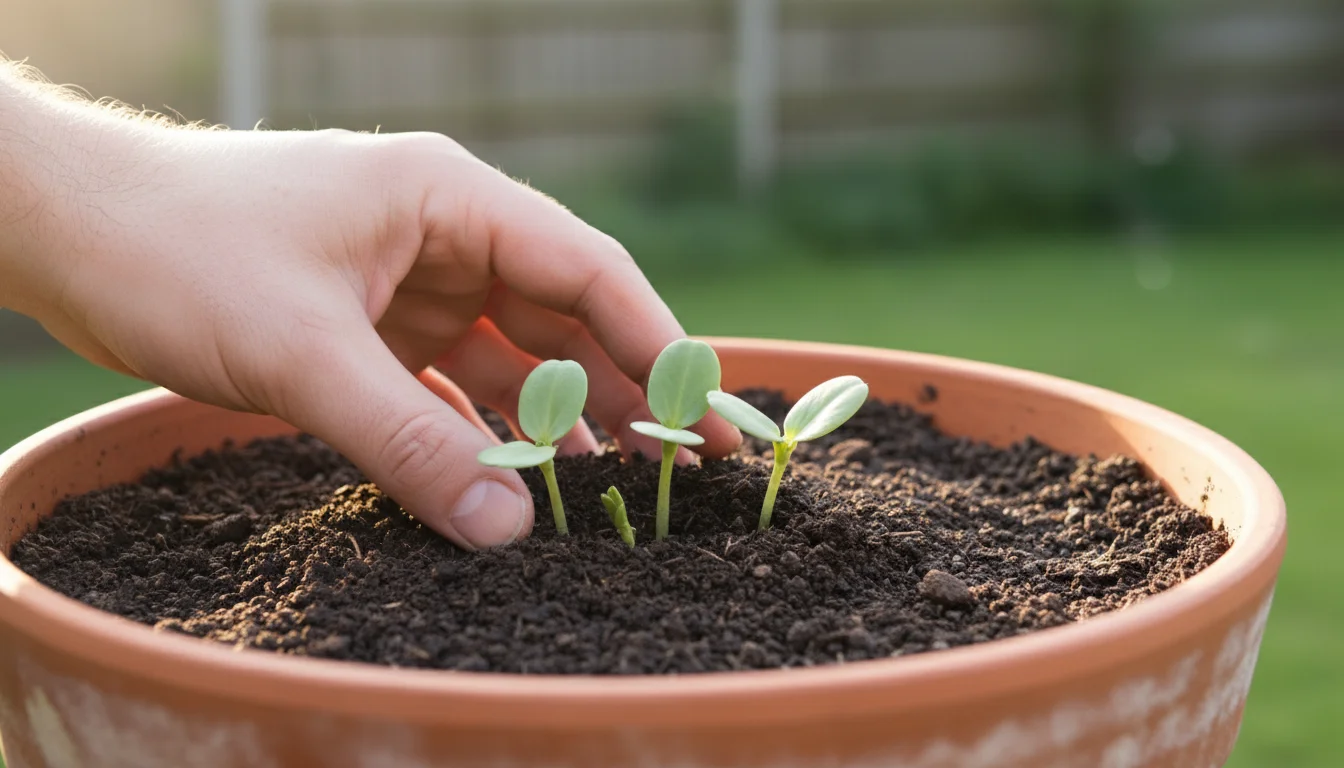 A hand probes the soil in a terracotta pot containing young fava bean plants on a patio, checking for ideal dampness.