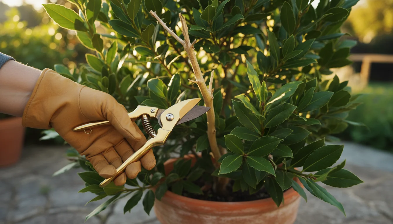 A hand with pruners about to remove a dry, yellowing branch from a healthy bay laurel in a terracotta pot on a sunny patio.