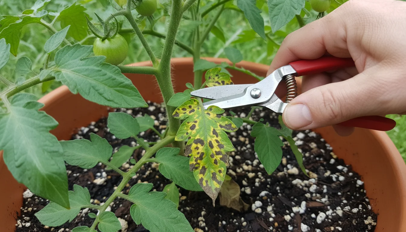 A hand prunes a lower tomato leaf in a pot, clearly showing brown leaf spot disease. Patio containers in background.
