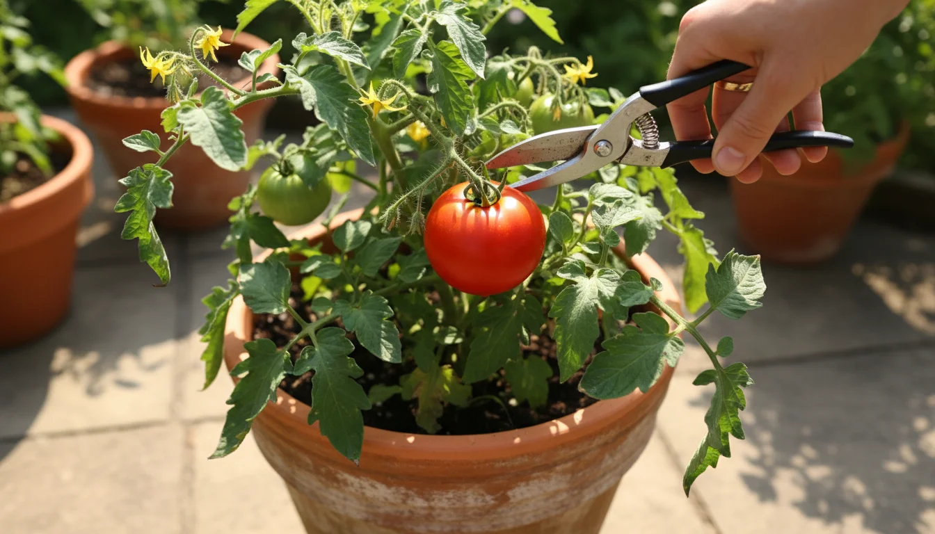 Top-down view of a hand with pruning shears about to snip a ripe red tomato from a plant in a terracotta pot on a sunny patio.