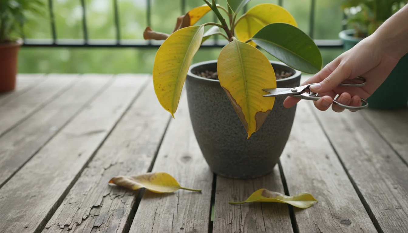 A hand with pruning shears tending to a Ficus elastica plant with yellowing leaves in a terracotta pot on a wooden deck.
