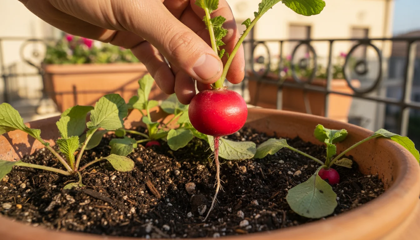 A hand gently pulling a plump, bright red radish from a terracotta pot on a sunny balcony, showing its roots.