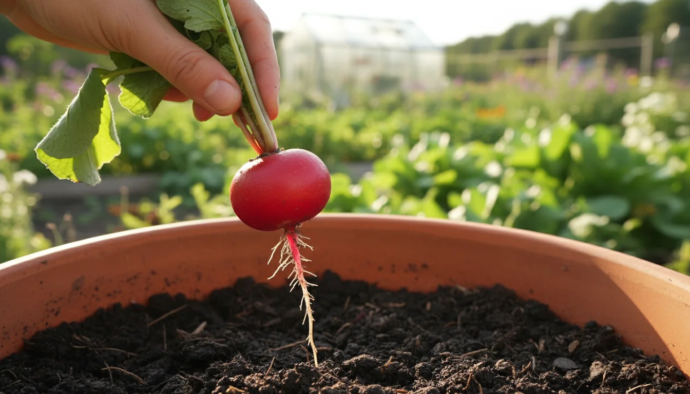 A hand gently pulls a bright red radish from a terracotta pot, revealing its rootlets. Carrot greens grow in a background planter.