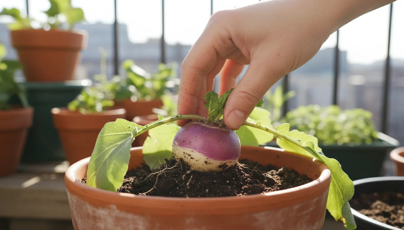 A hand gently pulls a small turnip root from a terracotta pot on a sunny balcony, soil clinging to the root and lush leaves surrounding it.