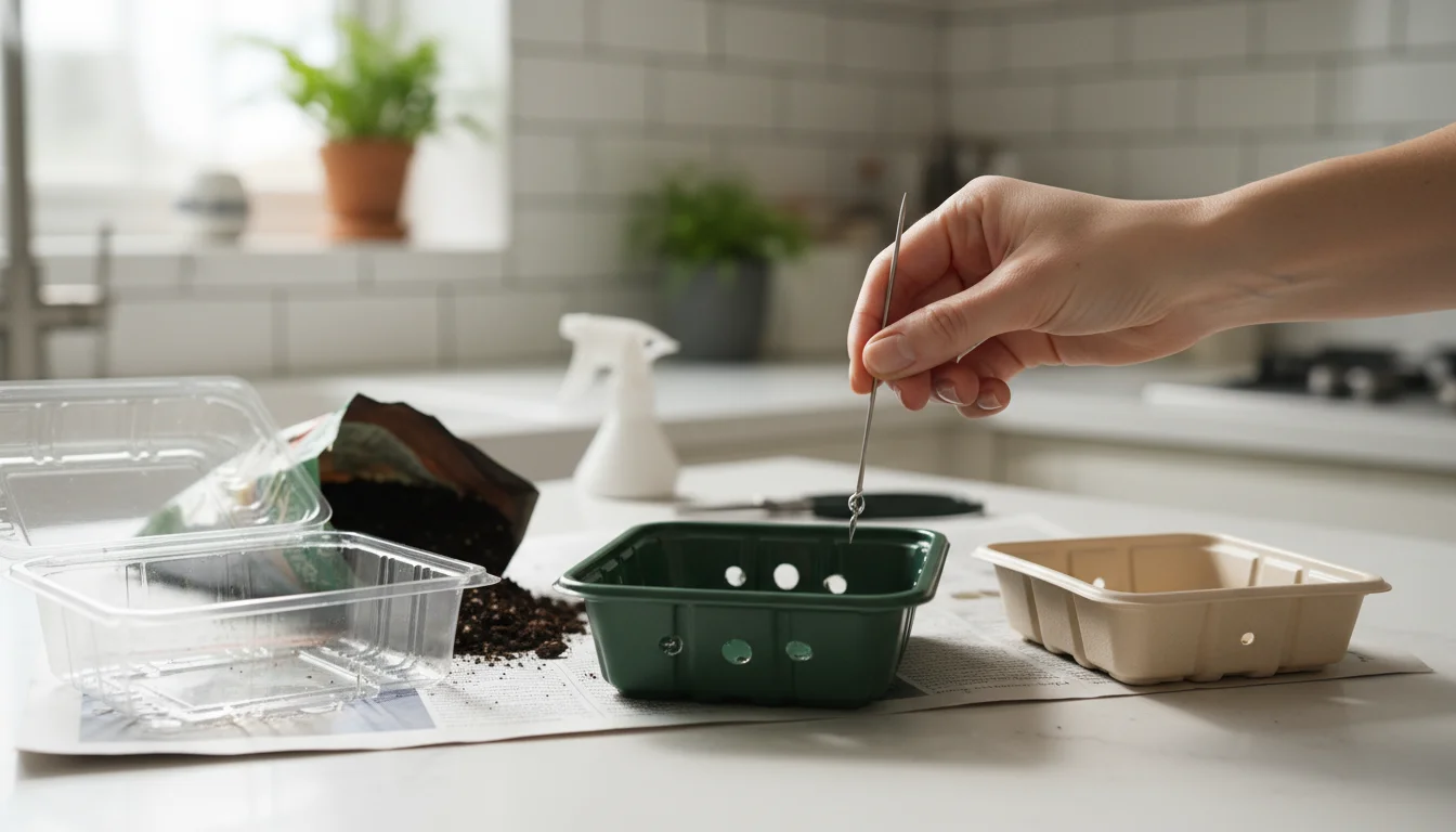 A hand punching a drainage hole in an upcycled berry container, surrounded by other shallow containers and seed starting mix on a kitchen counter.