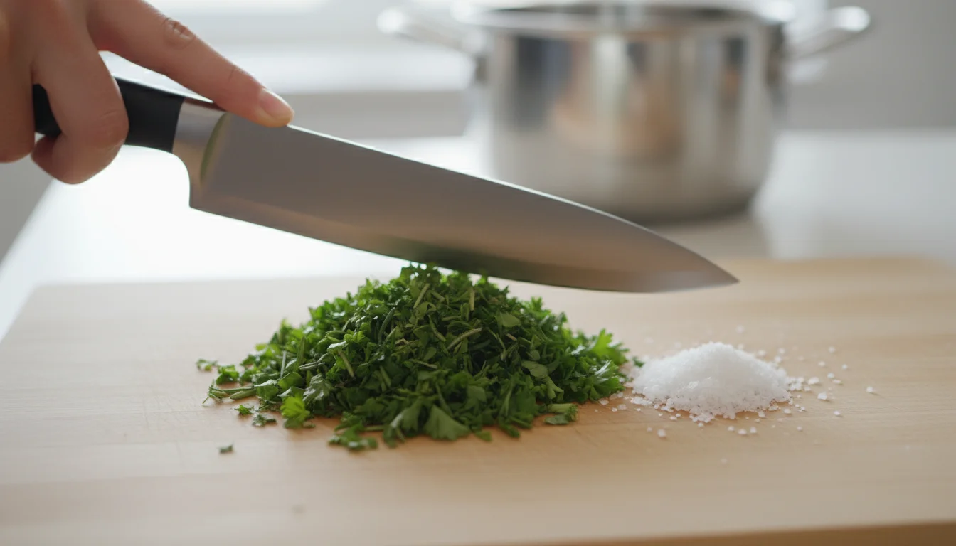A hand pushes coarse sea salt towards finely chopped herbs on a light cutting board, preparing herb salt.