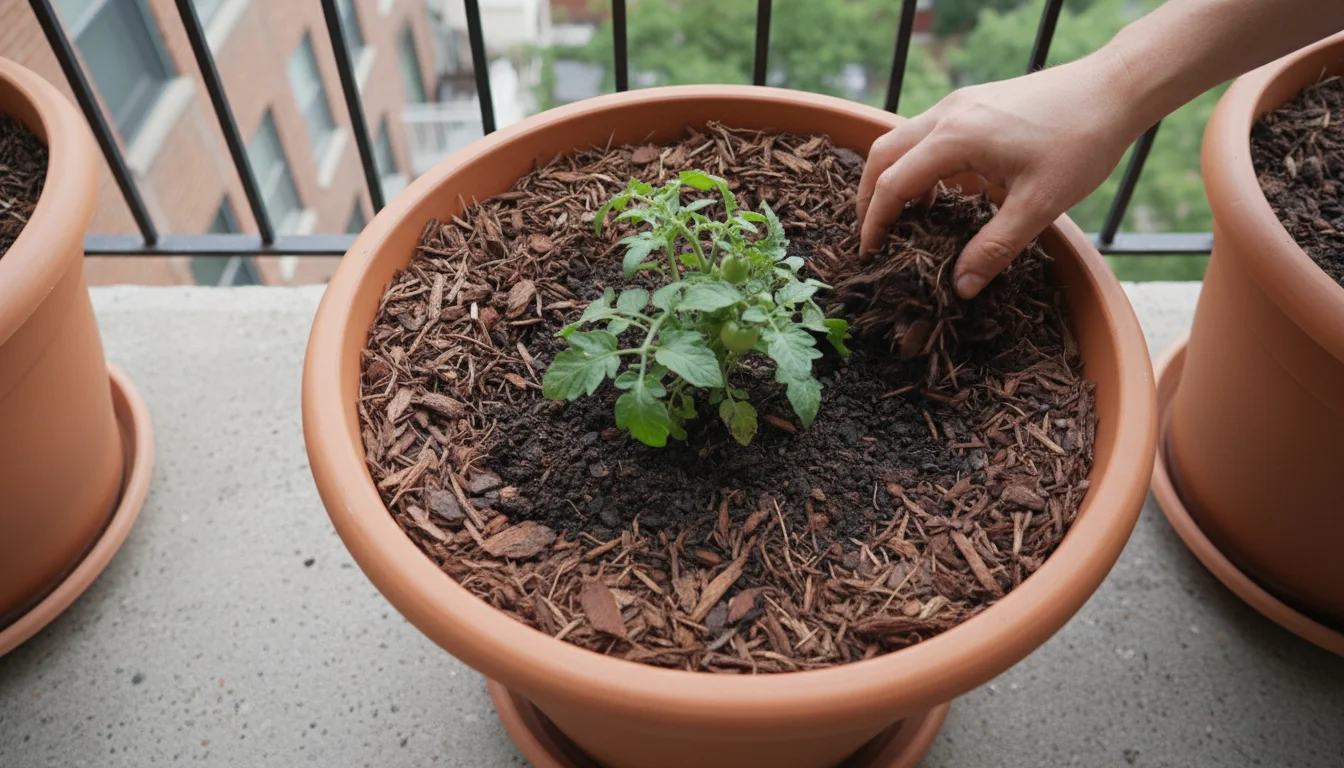 Overhead view of a hand pushing aside organic mulch in a terracotta pot to reveal moist soil, with a thriving tomato plant.
