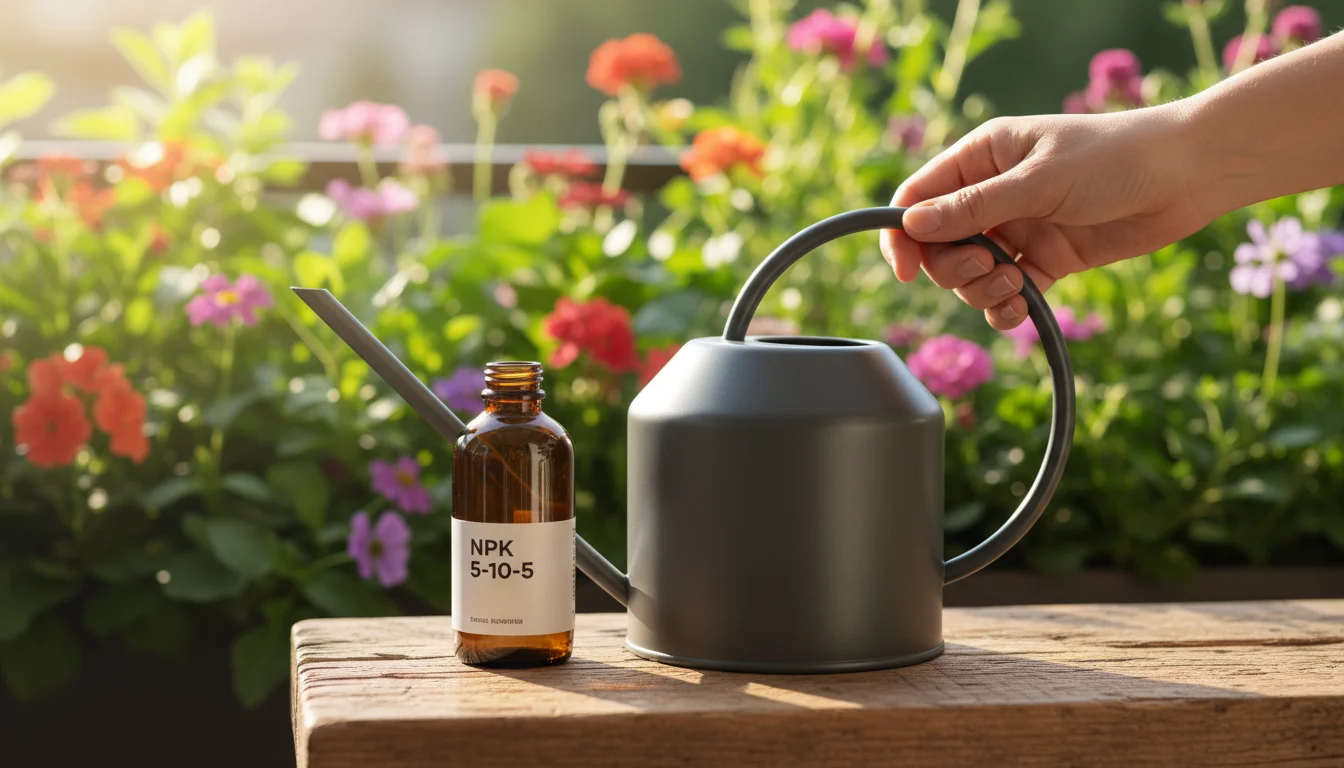 A hand reaches for a dark gray watering can next to a liquid fertilizer bottle with 'NPK 5-10-5' visible, on a weathered wood balcony shelf with blurr