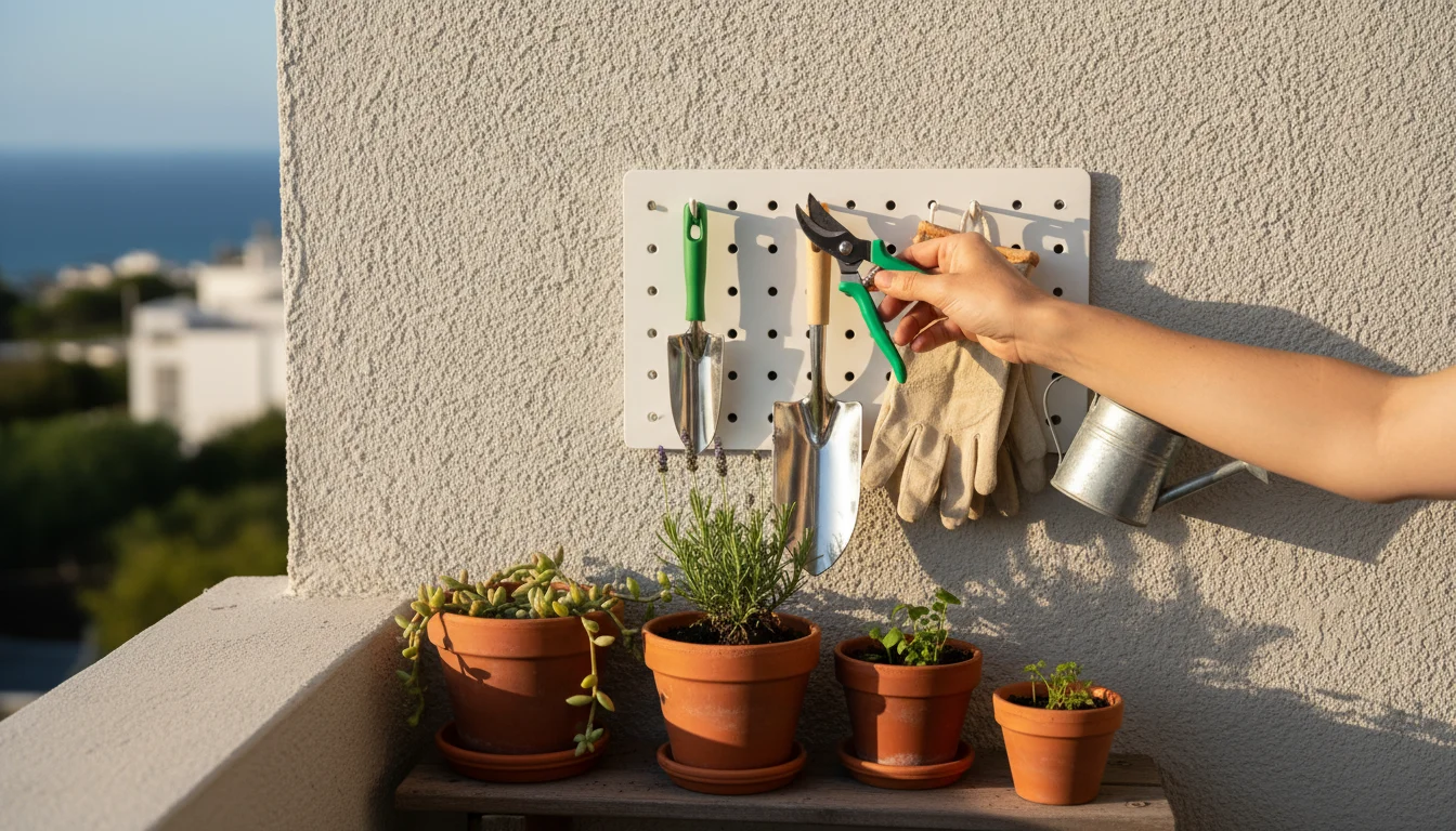 A hand reaches for green pruners on a white pegboard, organized with gardening tools above terracotta herb pots on a balcony wall.