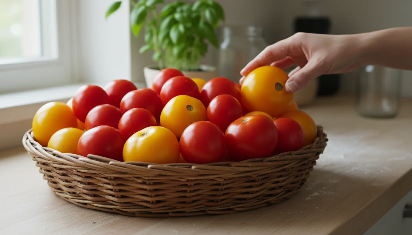 A hand reaches for ripe, vibrant red and yellow tomatoes overflowing from a rustic basket on a clean kitchen counter. A small potted basil plant is so