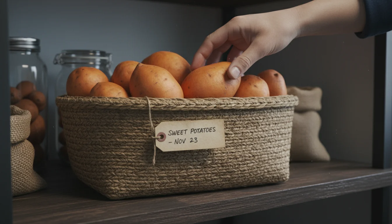 A hand reaches into a woven basket on a pantry shelf, retrieving a perfectly preserved sweet potato.